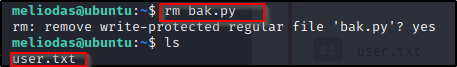meliodasaubuntu:-$ rm bak.py 
rm: remove write-protected regular file 
meliodasaubuntu:-$ Is 
ser. txt 
' bak.py 
yes 