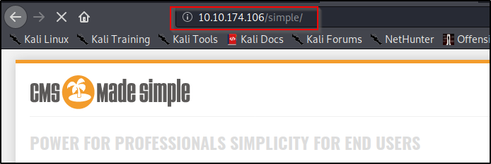 Kali Linux 
GMS 
G) 10.10.174.106 
Isimple/ 
Kali Training Kali Tools •b Kali Docs 
Kali Forums 
Made simple 
NetHunter 
n Offensi 
