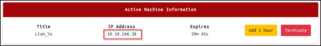 Active Machine Information 
Title 
Ltan Yu 
Address 
IP 
10.10.166.38 
Expires 
Add 1 hour 
59m 45s 