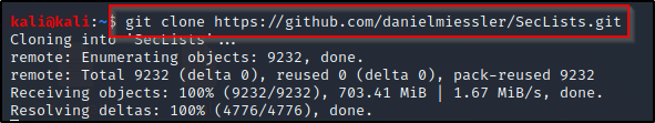git clone https://github.com/danielmiessler/SecLists.git 
kaliakali:— 
Cloning intå • SecLisLs 
remote: Enumerating objects: 9232, done. 
remote: Total 9232 (delta 0), reused (delta 0), pack-reused 9232 
Receiving objects: 100% (9232/9232), 703.41 MiB | 1.67 MiB/s, done. 
Resolving deltas: 100% (4776/4776), done. 